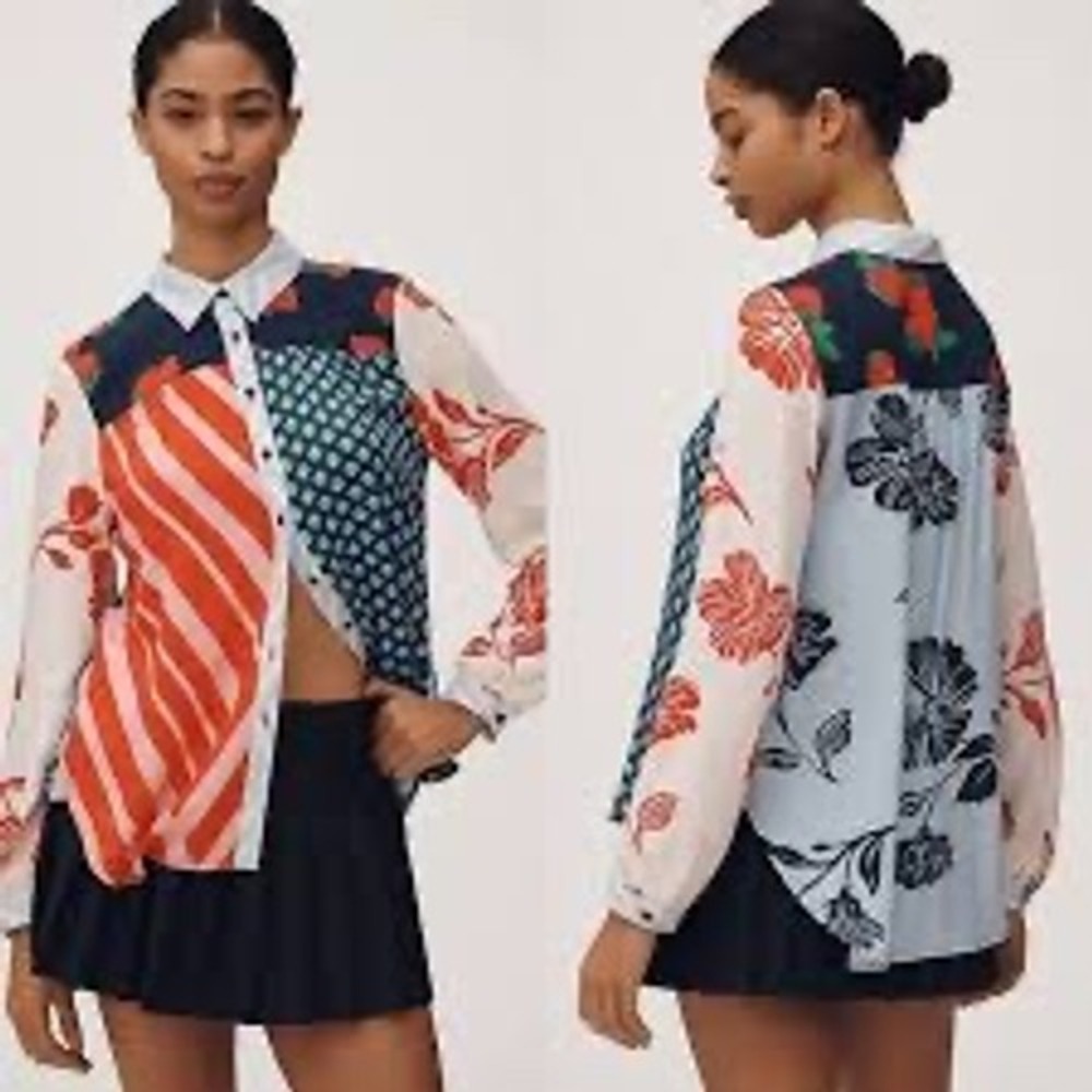 Maeve Anthropologie Mixed Print Patchwork Button Down Blouse 1X Floral Top